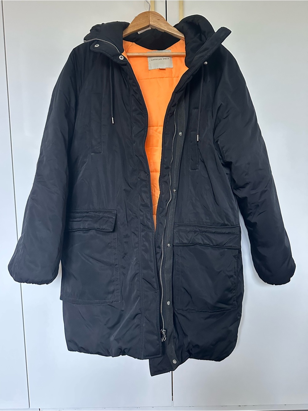American Eagle Black Long Hooded Puffer Utility Parka Winter Coat XL